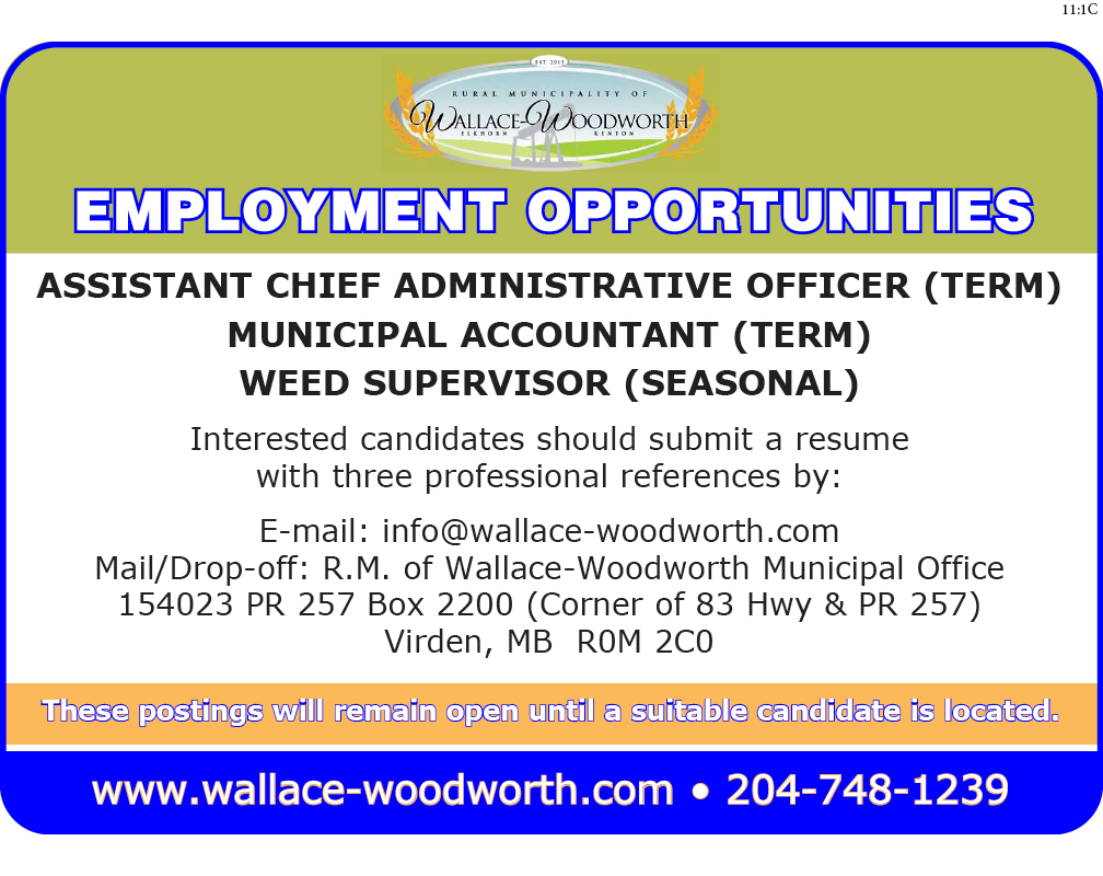 RM of Wallace-Woodworth - Assistant Chief Administrative Officer (term), Municipal Accountant (Term), Weed Supervisor (seasonal) 